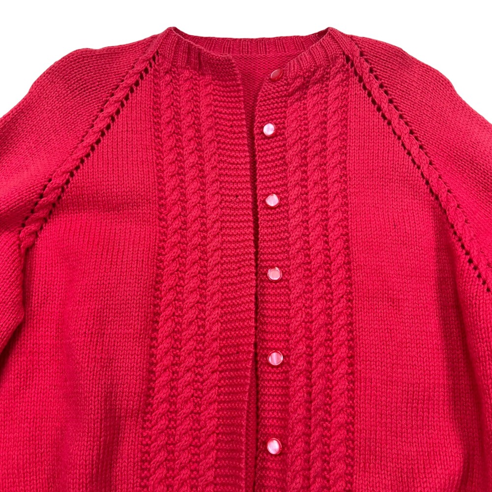 Handmade Cable Knit Cardigan Women L Braided Salmon Crew Neck Sweater Grandma